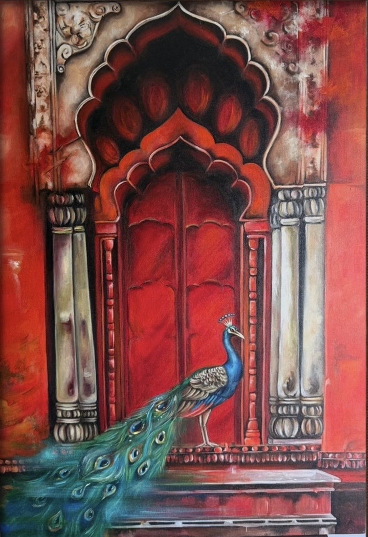 A peacock before an ornate red doorway.