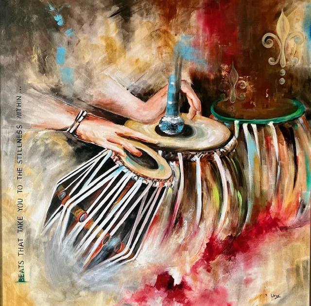Hands playing tabla amid expressive red, gold, and turquoise brushwork.